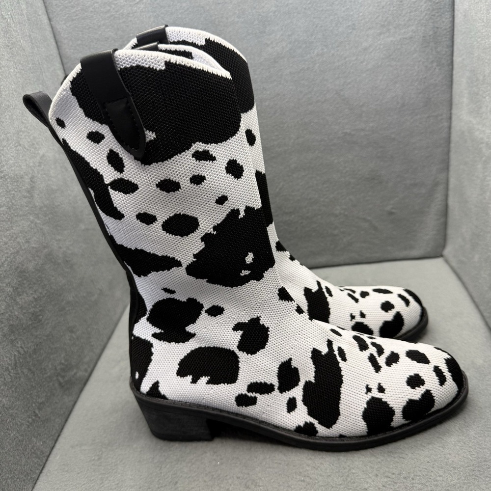 Women's Cow Print Knit Ankle Boots Size 40 Black White Block Heel Western